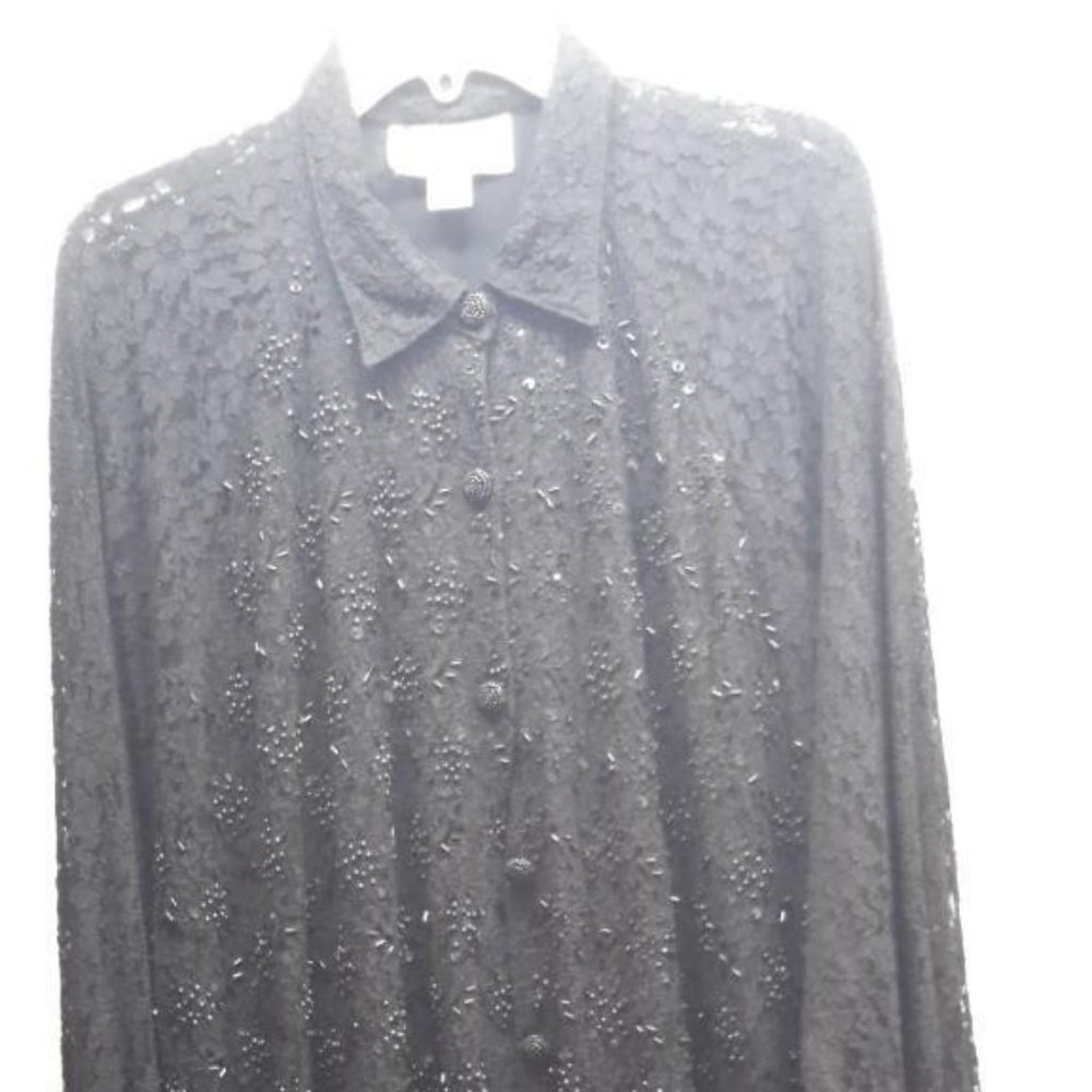 GORGEOUS CHRISTINA BLACK BEADED & LACE LONG SLEEVES PLUS SZ 3X LINED